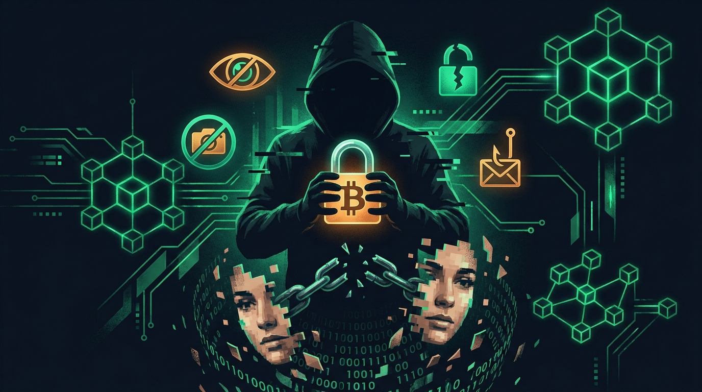 Illustrazione di un lucchetto su simboli di criptovalute che rappresenta minacce di ricatto e sextortion